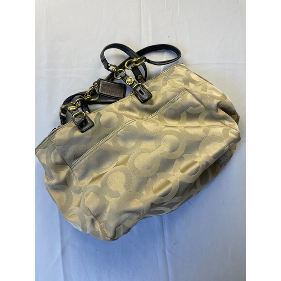 Coach Mia Op Art Signature Sateen Tote Shoulder Bag Gold Tan Womens - Picture 8 of 11